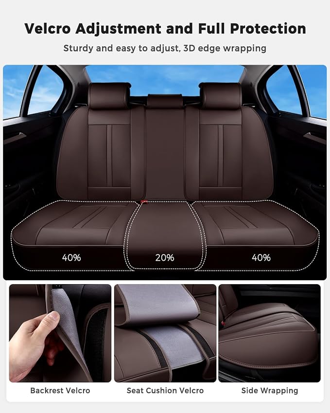 Huidasource Coffee Back Seat Cover Luxury Nappa Leather, Rear Seat Cover with Velcro Adjustable, Ventilation Holes, Child Seats, Seat Covers Waterproof Universal Fit for Most Cars SUV Trucks, Coffee - Image 8