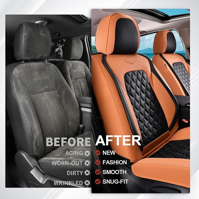 Coverado Car Seat Covers Front Seats, Vintage-Style Soft Waterproof Faux Leather Full Set with Rear Protectors, Comfortable Anti-Stain Interior for Most Vehicles – BrownBlack - Image 7