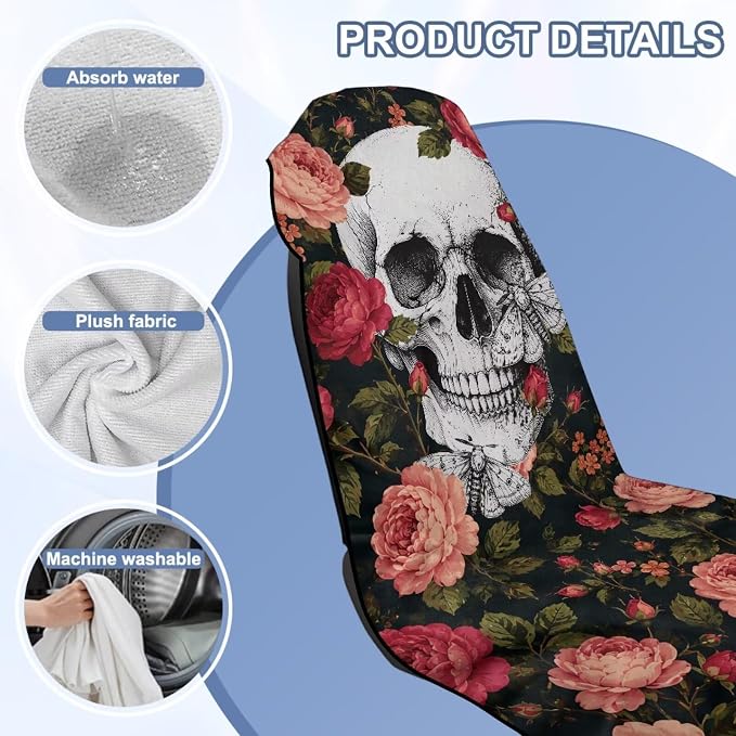 Skull Rose Car Seat Towel Cover Auto Interior Seat Towel Cover | Skull Floral Sweat Seat Cover Protector with Storage Bag Car Interior Accessories Non Slip Waterproof Sweat Protector - Image 6