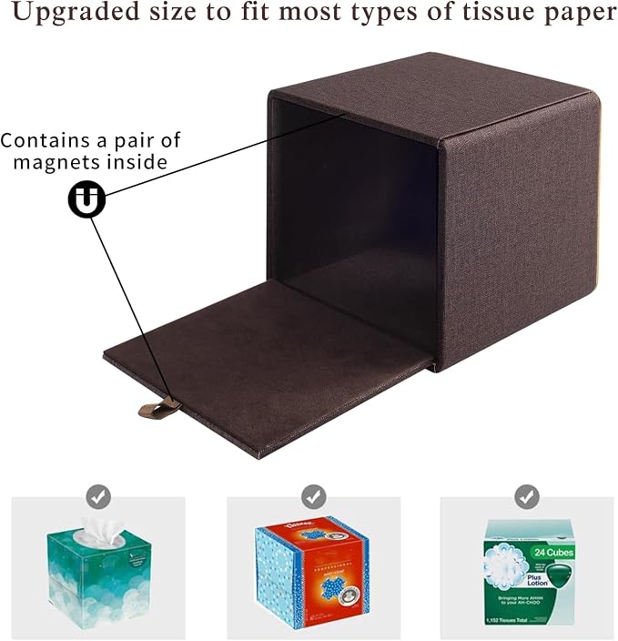 Linen Square Tissue Box Cover,Cube Tissue Box Holder－Excellent Rosegold Leather Decoration,Table Napkin Case Dispenser,Facial Tissues Organizer with Magnetic Bottom for Home Office Car(Coffee) - Image 5