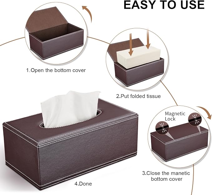 Tissue Box Cover Rectangle, PU Leather Tissue Box Holder Rectangular, Kleenex Box Covers for Home/Office/Car Decoration 9.84"X5.23"X3.77" - Brown - Image 3