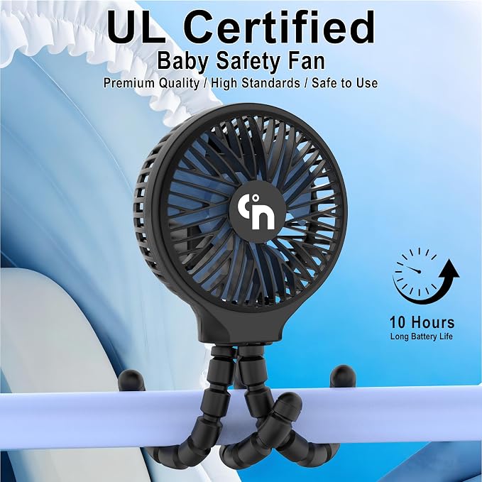 WiHoo Portable Stroller Fan, 10H Ultra-long Battery Life 3 Speed 360°Rotate, USB Rechargeable or Battery Operated Cooling Clip On Personal Fan for Baby Crib Travel Car Seat Black - Image 2