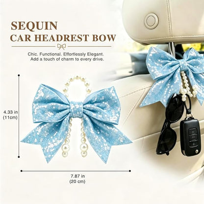 2 Pack Pearl Car Seat Headrest Hook with Bow & Sequin/Leopard/Polka Dot Design – Cute Purse Hanger for Vehicle,Grocery Bags, Umbrellas, Seat Back Organizer for Women (Light Blue Sequins) - Image 3