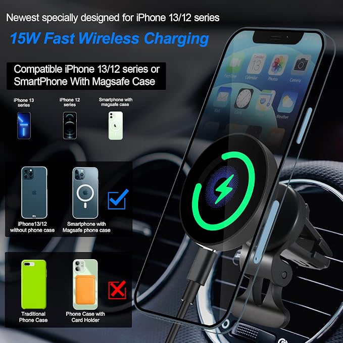 Mag-Safe 15W Car Cigarette Lighter Wireless Charger, Magnetic Auto-Alignment Air Vent Mount Holder with Dual Port PD&QC3.0 Fast Charging for iPhone 13/13 Pro/ 13 Pro Max/12 Series - Image 2