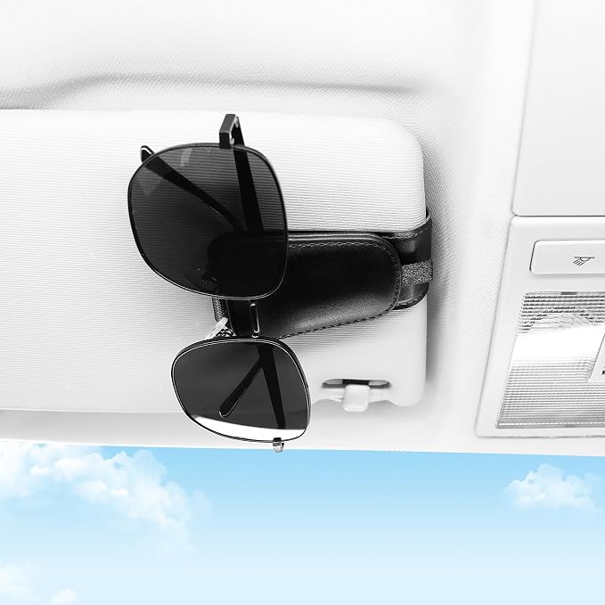 SINGARO 1 Pack Sunglass Holder for Car Visor Sunglasses Holder Clip, Universal Non-Slip Magnetic Leather Glasses Eyeglasses Hanger Mounter, Truck Interior Car Visor Accessories for Woman Man, Black - Image 3
