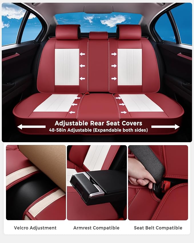 Huidasource Car Seat Cover, Luxury Faux Leather Seat Covers for Cars, Velcro Adjustable, with Airbags, Child Seat, Perforation Cooling＆Heating, Universal Fit for Most Cars Vans Trucks SUVs, Red＆White - Image 3