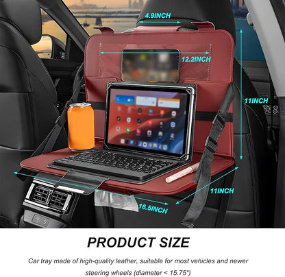 Car Steering Wheel Tray, Foldable Car Laptop Desk Eating Food Tray with Transparent Holder & Tissue Box, Adjustable Back Seat Headrest Table for in-Car Dining Working Studying (Red) - Image 2