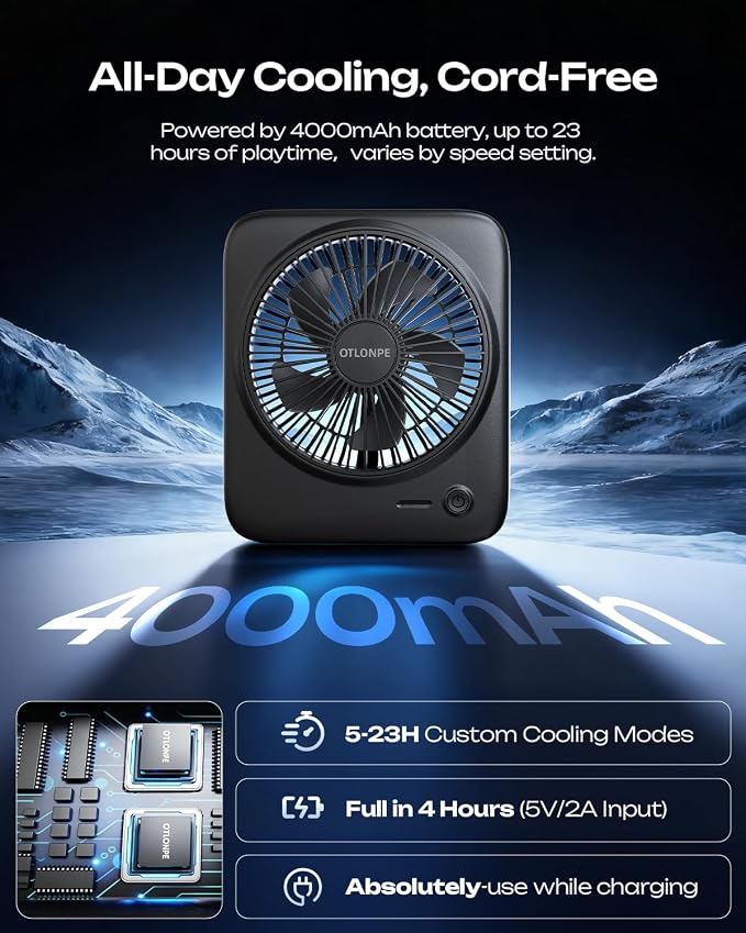 Otlonpe Personal Portable Desk Fan, 4000mAh Small Rechargeable Portable Fan Battery Operated & USB Powered for Travel Sleeping Bedroom Office Home Table, Cordless, Quiet, 4-Speed, 6.5 Inch (Black) - Image 3