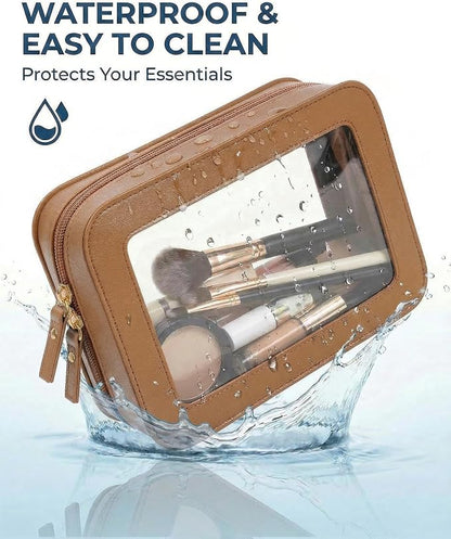 Clear Makeup Bag Set of 2 - Travel Toiletry Organizer for Women, Waterproof Cosmetic Pouch & Car Accessory for Travel Size Pencil Case Pouch Car Organizer and Storage (2Pack-Standard&Slim, Brown) - Image 6