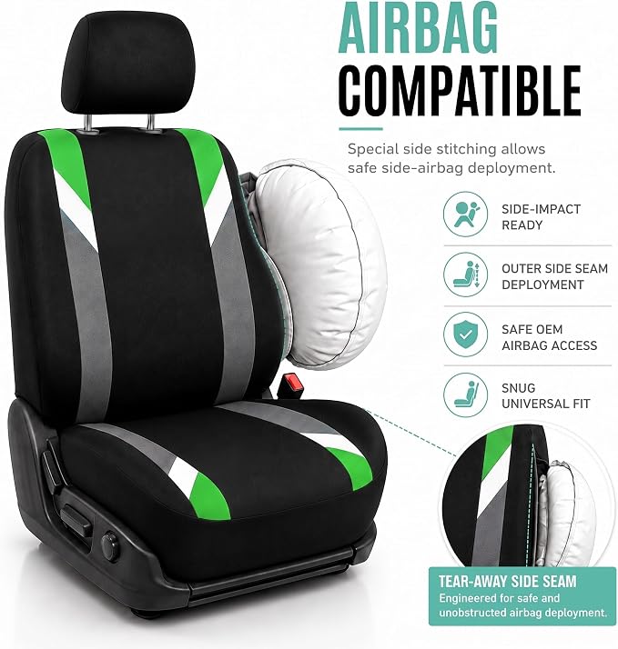 FH Group Front Set Cloth Car Seat Covers for Low Back Car Seats with Removable Headrest, Universal Fit, Airbag Compatible Seat Cover for SUV, Sedan, Van, Green - Image 4