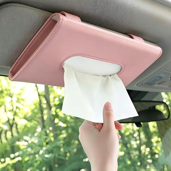 Car Tissue Holder, Car Sun Visor Napkin Box, Pink | Premium PU Leather, Auto Napkin Case, Mask Holder for Vehicle, with Tissue Refill, Interior Accessories by Unknown