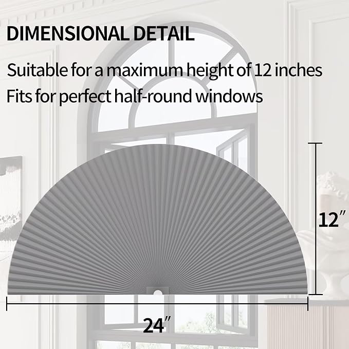 Myshade Arch Window Shades Half Circle Blackout Cellular Shades Cordless No Drill Blinds for Windows Half Moon Honeycomb Fabric No Tools Room Darkening Shades Easy Install (2PCS Grey 24" W X 12" H) - Image 3