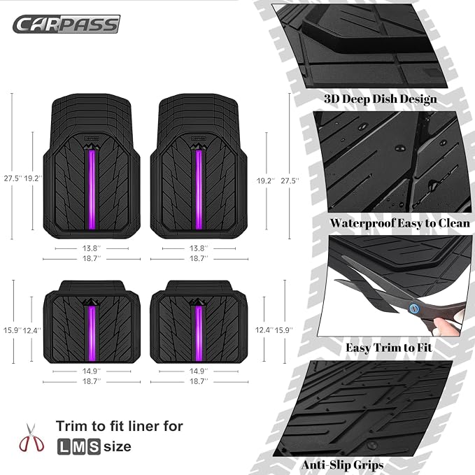 CAR PASS Metal Medium Rubber Floor Mats for Car Heavy Duty Car Mats All Weather, Universal Trim to Fit for Truck SUV Vehicle Automotive Floor Mats, Waterproof Car Mats 4 Piece Black Purple - Image 3
