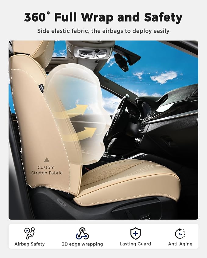 Huidasource Beige Seat Covers, Luxury Faux Leather Car Seat Cover, Velcro Adjustable, with Airbags, Seat Belts, Thinning Design Perforation Cooling＆Heating Fit for Most Cars, Vans, Trucks, SUVs, Beige - Image 4