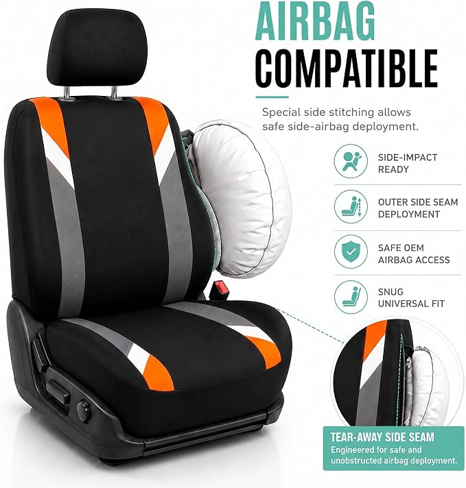 FH Group Front Set Cloth Car Seat Covers for Low Back Car Seats with Removable Headrest, Universal Fit, Airbag Compatible Car Seat Cover for SUV, Sedan, Van, Orange - Image 4