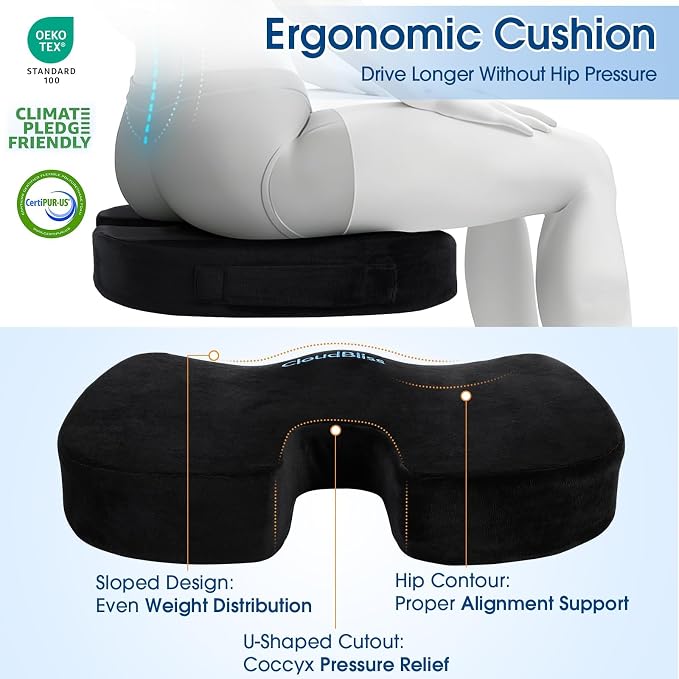 CloudBliss Ergonomic Seat Cushion & Lumbar Support Pillow Set, Black, XL | Back Pain & Sciatica Relief, Memory Foam Support, Adjustable Straps, Machine Washable Velvet, Perfect for Office, Car, Gaming - Image 6