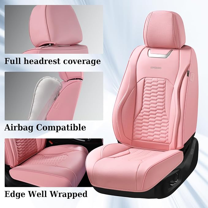 Coverado Front Car Seat Covers, Premium Nappa Leather Waterproof Front Seat Protectors, Universal Automotive Seat Covers Compatible with Most Vehicles (Pink) - Image 2