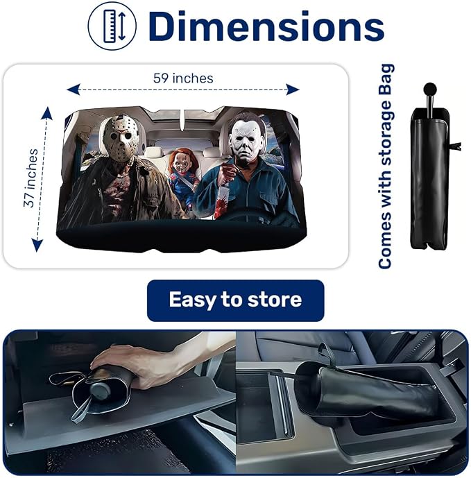 GENANY Masked Horror Collage Windshield Sun Shade Umbrella 59 x 37 Inch | A flexible handle supports easy placement while the included pouch keeps the canopy stored after use - Image 2
