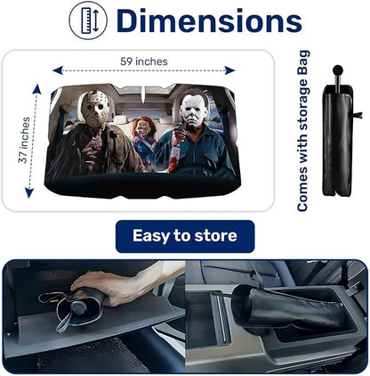 GENANY Masked Horror Collage Windshield Sun Shade Umbrella 59 x 37 Inch | A flexible handle supports easy placement while the included pouch keeps the canopy stored after use - Image 2
