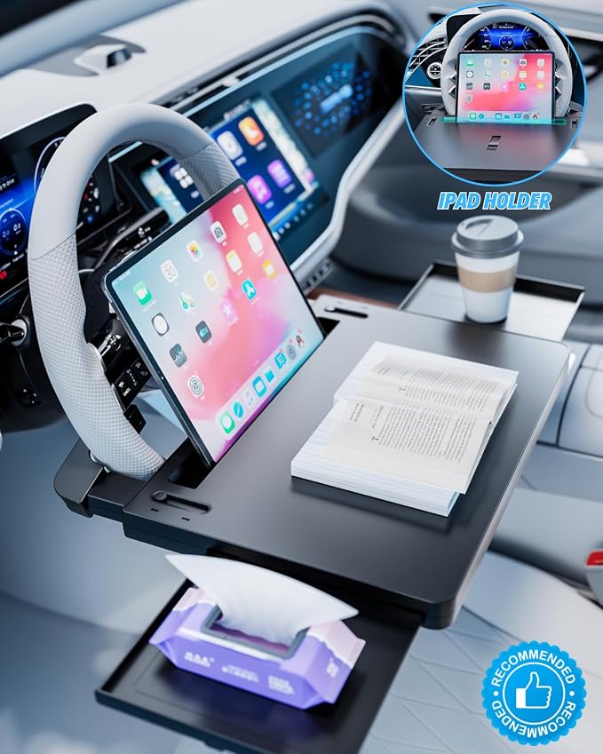 Steering Wheel Laptop Tray for Car, Adjustable Workstation Desk | Fits Most Steering Wheels with Cover, Dual Slide-out Trays Expand Workspace, Stable Laptop Surface, Sturdy for Meals & Work - Image 6