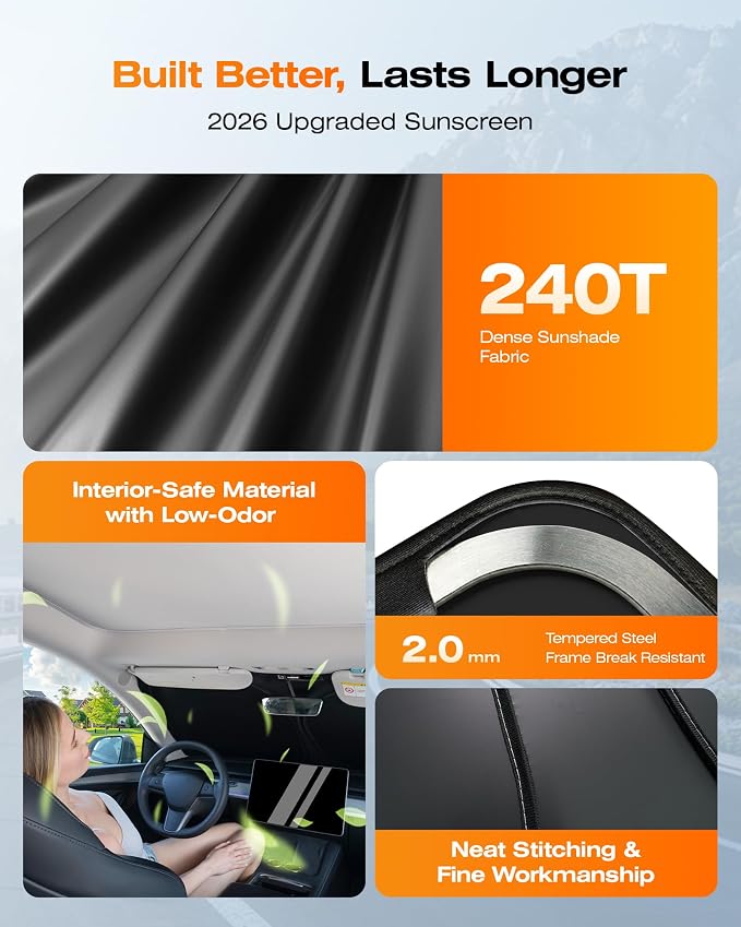 Windshield Sun Shade for Tesla Model Y/Juniper and Model 3/Highland, Beige | Fits 2014-2026, 240T Heat Shield, 99% UV Protection and Heat Insulation, Foldable, Storage Bag Included, Reusable Heat Shield - Image 6
