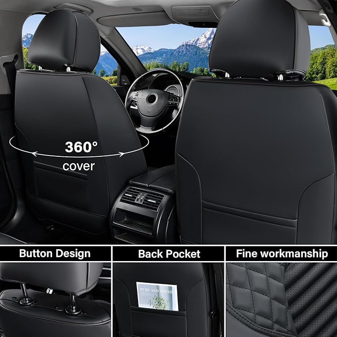 Coverado Front Seat Covers, Black Nappa Leather Car Seat Covers, Black Seat Covers for Cars, Car Seat Protector Cushions Universal Fit for Most Sedans SUV Pick-up Truck - Image 2