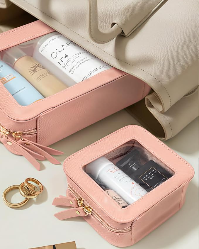 2 Pcs Travel Clear Makeup Bag Set, Clear Pink Makeup Organizer with Zipper Leather Travel Bags for Toiletries Small Cosmetic Bags for Women Mini Make up Pouch Toiletry Bags Car Essentials - Image 3