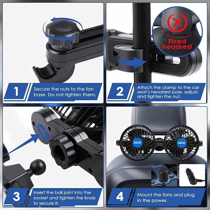 XOOL Electric Car Fans for Rear Seat Passenger Portable Fans Headrest 360 Degree Rotatable Backseat Car Fan 12V Cooling Air Fan with Stepless Speed Regulation for Vehicles, SUV, RV - Image 6