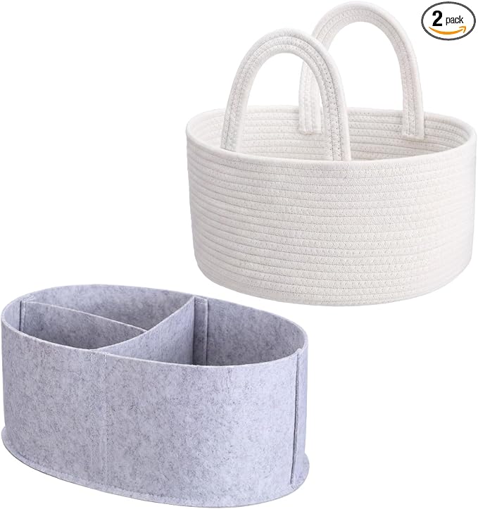Thinkday 2-in-1 Baby Diaper Caddy Organizer - Cotton Rope Basket with Removable Felt Liner & Dividers, Portable Nursery Storage Bin for Changing Table & Car, or New Mom by Thinkday