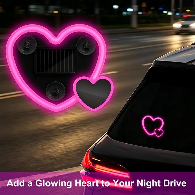 Rechargeable Solar-Powered Wireless Double-Heart LED Light for Car Decor | with 6 Lighting Modes and Vibration Sensor, Romantic Ambient Gift for Couples/Women/Men, Pink, 1 Pcs - Image 5