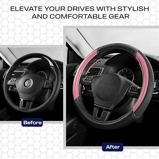 Skechers Air-Cooled Steering Wheel Cover,Leather Car Steering Wheel Cover Universal Fit 14" 1/2-15" Car Wheel Protector for Men Women Fit Suvs,Vans,Sedans,Car,Trucks,Pink - Image 6