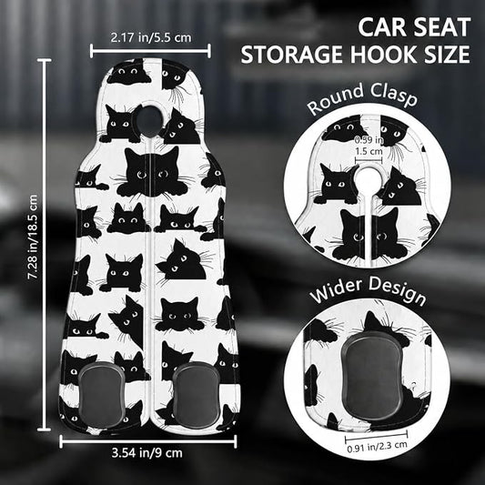 Cute Black Cat Car Seat Back Storage Headrest Hooks for Purses & Bags – 2PCS PU Leather Dual Metal Hooks, Backseat Organizer Accessories - Image 2
