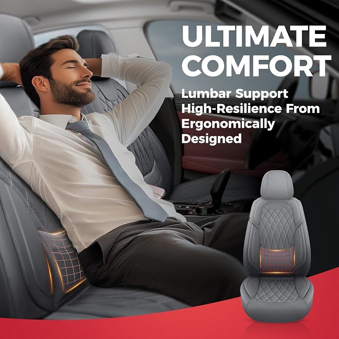 FREESOO Front Seat Covers Faux Leather Waterproof Universal Fit Grey | faux leather front seat covers, breathable waterproof, lumbar support, universal fit sedans hatchbacks pickups - Image 5
