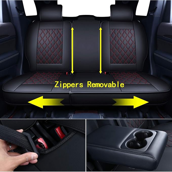 Huidasource Grand Cherokee Seat Covers, Waterproof Leather Customized Car Seat Cushion Covers, Full Set Seat Protectors Compatible with Grand Cherokee 2011-2022, (5 Pcs Full Set/Black&Red) - Image 3