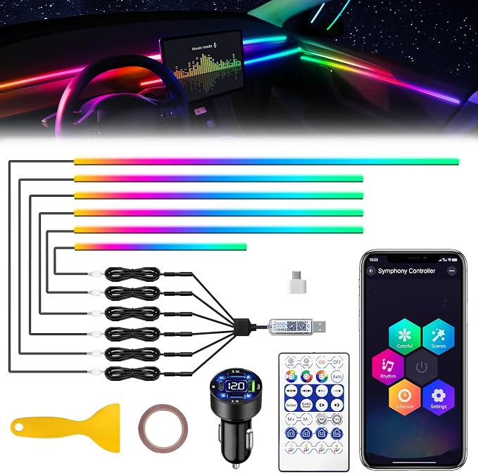 Dreamcolor Acrylic Interior Car LED Strip Light with USB/Type C/4-Port Cigarette Lighter, RGB 6 in 1 with 179.24 inches 650 LEDs Ambient Lighting Kits, Sound Active Function Neon Led Strips for Car by MAODANER