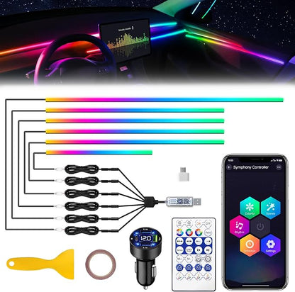 Dreamcolor Acrylic Interior Car LED Strip Light with USB/Type C/4-Port Cigarette Lighter, RGB 6 in 1 with 179.24 inches 650 LEDs Ambient Lighting Kits, Sound Active Function Neon Led Strips for Car by MAODANER