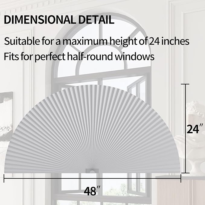 Myshade Arch Window Shades Half Circle Blackout Cellular Shades Cordless No Drill Blinds for Windows Half Moon Honeycomb Fabric No Tools Room Darkening Shades Easy Install (2PCS White 48" W X 24" H) - Image 3
