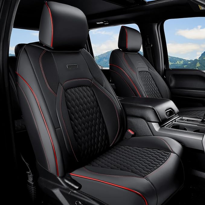 Coverado Chevy Chevrolet Silverado GMC Sierra Seat Covers, Custom Fit for 2007-2026 1500, 2015-2026 2500HD 3500HD Crew Double Extended Cab Truck, Faux Waterproof Leather Seat Covers (Front, Redline) by COVERADOAUTO