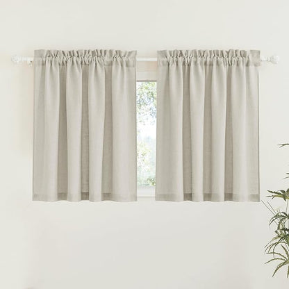 RYB HOME Linen Woven Curtains 36 Inch Length, Flax Linen Blend Small Drapes Soften Sunlight Thermal Curtains for Farmhouse, Cafe, RV, Bus, Office, W 52 x L 36 inches, Angora, 2 Pack by RYBHOME