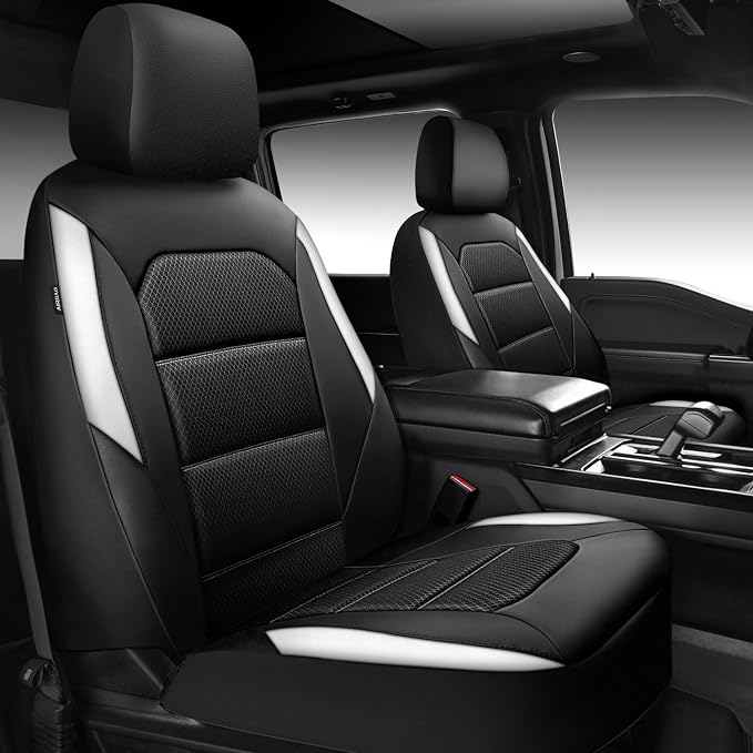 CAR PASS Memory Foam Car Seat Covers,Air Cool Mesh Thick Seat Covers Front Seats,White Leather Seat Covers for Car,Universal Automotive Comfort for Most Cars,SUV,Trucks,Airbag Compatible,Black White by CARPASS