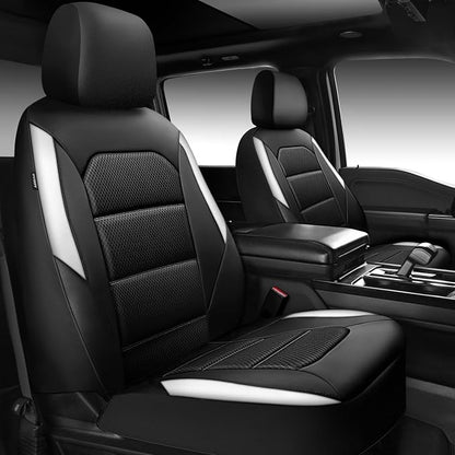 CAR PASS Memory Foam Car Seat Covers,Air Cool Mesh Thick Seat Covers Front Seats,White Leather Seat Covers for Car,Universal Automotive Comfort for Most Cars,SUV,Trucks,Airbag Compatible,Black White by CARPASS