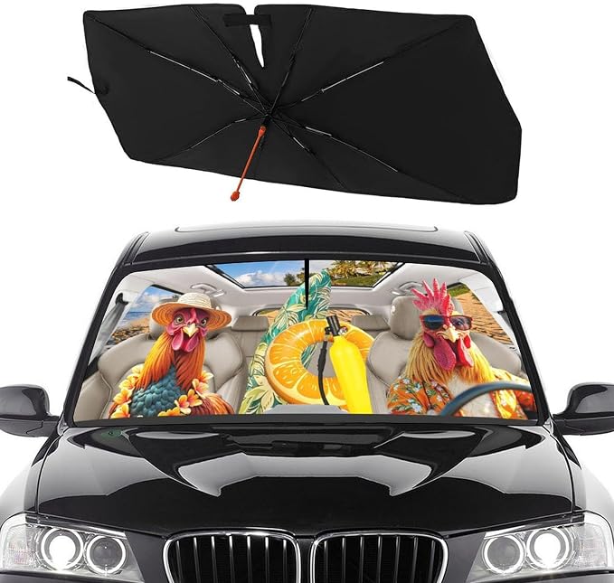 Socira Funny Rooster Chicken Car Windshield Sunshade Umbrella Foldable | Umbrella Sun Shade Windshield Cover Sunshade Car Accessories Blocks Uv Rays Keeps Cool (57" X 30") by Socira