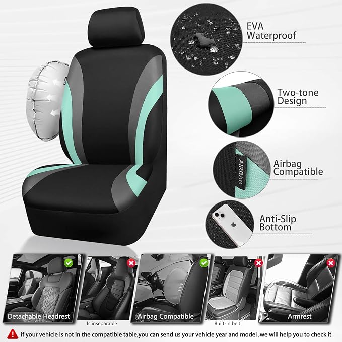 CAR PASS EVA Waterproof Car Seat Covers Full Set, Mint Seat Covers for Cars,Airbag Compatible,Universal Fit Sedans,Vans,SUVs,Trucks (Black and Mint) - Image 3