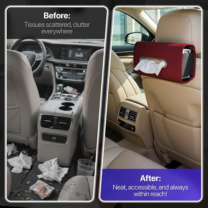 Lucrum Extra Large Car Tissue Holder - PU Leather Tissue Box Cover | Fits Regular Size Napkins Box - PU Leather Car Tissue Holder for Seat Back, Sun Visor & Console - Wine Red - Image 2