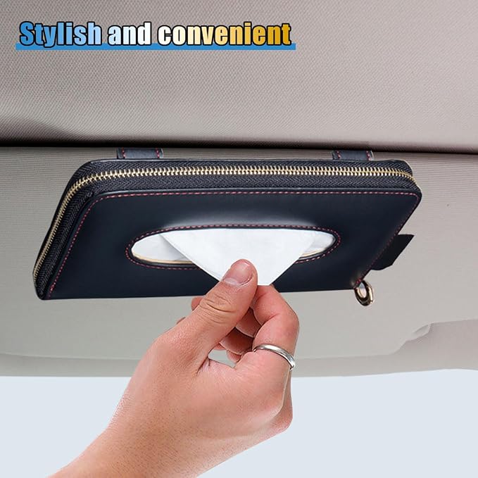 Car Tissue Holder, Sun Visor Box, Backseat Paper Carton, Leather Napkin Case, Universal Hanging Towel Clip for SUV, RV, Truck (Black) - Image 4