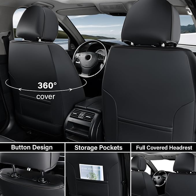Coverado Seat Covers, Car Seat Covers Front Seats, Waterproof Nappa Leather Auto Seat Cover with Lumbar Head Pillow, Black Gray Seat Covers Carseat Cover Universal Fit for Most Cars - Image 3