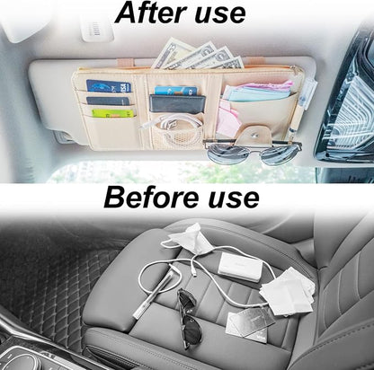 Keedolla Car Sun Visor Organizer Auto Interior Accessories Pocket Organizer, Sunglasses Holder Car Truck Visor Storage Pouch for Cards, Pens and Document - Beige - Image 8