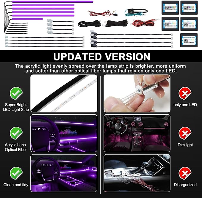 Acrylic Interior LED Strip Light With Wireless APP, RGB 18 in 1 With 175 Inches 600 LEDs Fiber Optic Ambient Lighting Kits for Car, 16 Million Colors Sound Active Function - Image 5