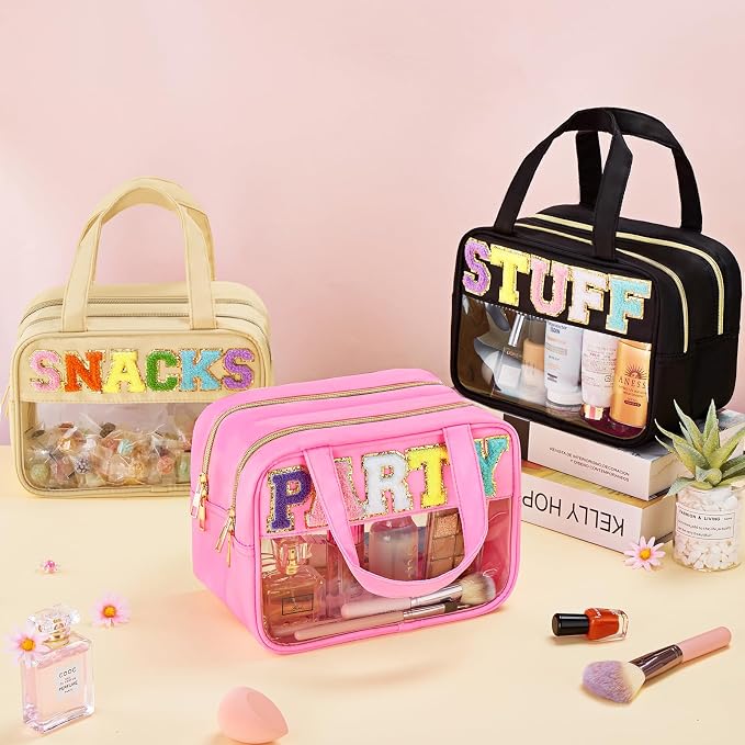 Clear Letter Makeup Bag, Black, L Size, Clear Bag | Large Capacity, Waterproof Easy Clean, Separate Wet Pocket, Holds Toiletries, Skincare, Sunscreen, Ideal for Beach, Travel - Image 3