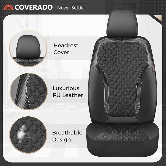 Coverado Front Seat Covers, 2-Pack Luxury Diamond Leather Car Seat Cover with Carbon Fibre Weave, Spill-Proof Driver Car Seat Protectors, Waterproof Seat Covers Universal Fit for Most Cars, Black - Image 5